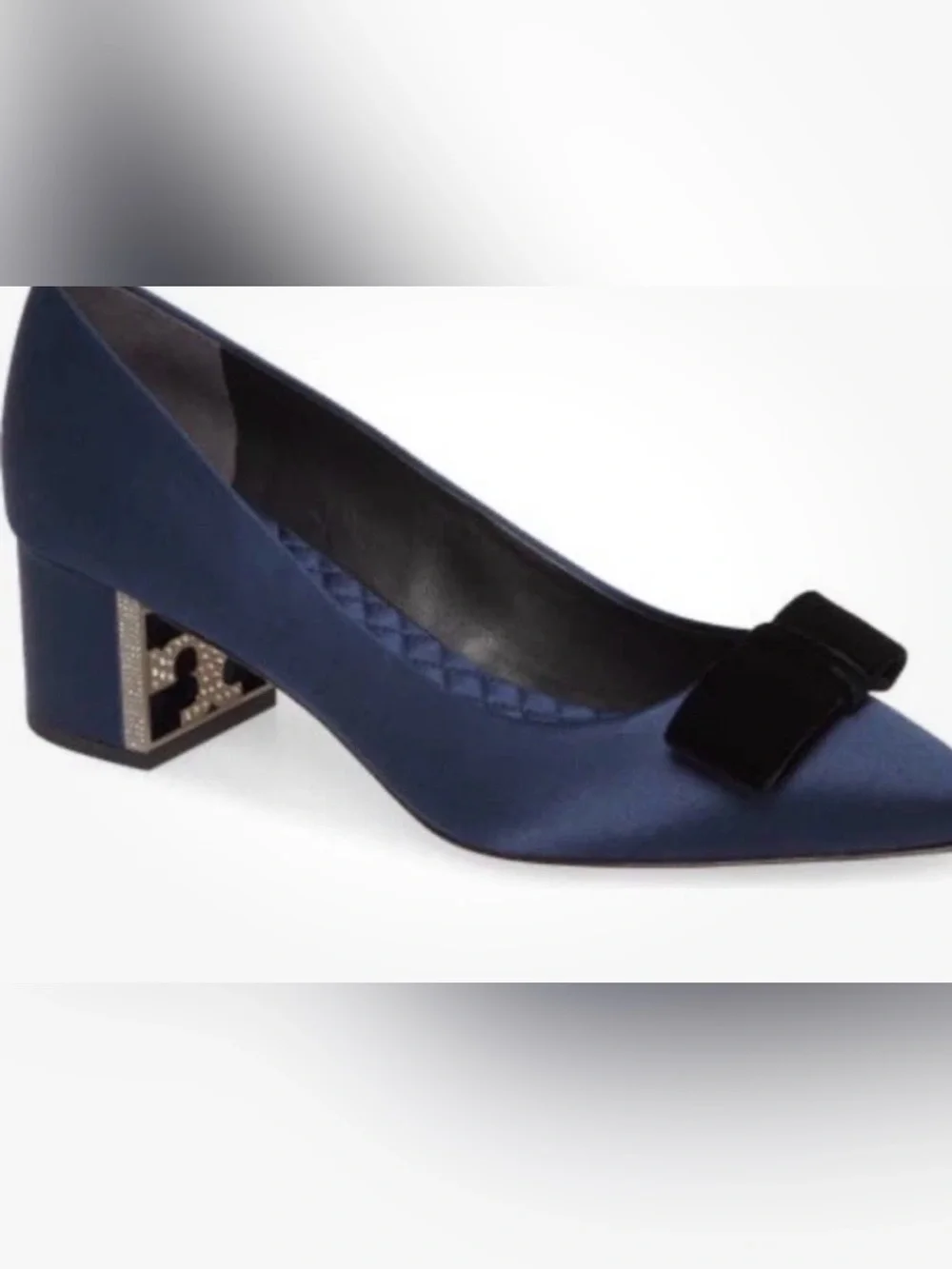 TORY BURCH Gigi Bow Block Heel Pump Satin & Velvet Jeweled Logo Blue Black 9.5
